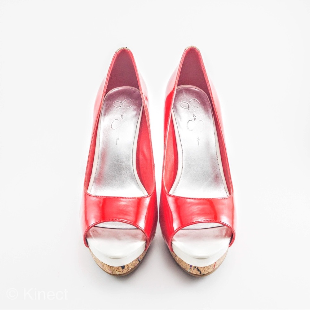 J. Simpson Red Patent Peep Toe Cork Stiletto Heels - Picture 5 of 8